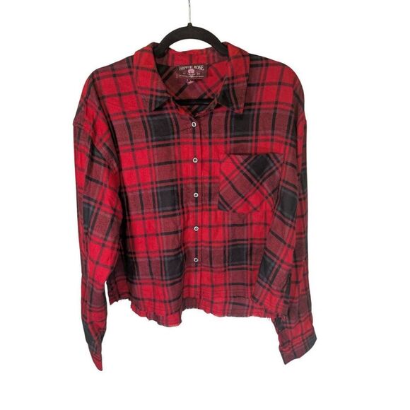 Hippie Rose Red Plaid Cropped long sleeve top juniors Women's Size Large - Picture 1 of 5